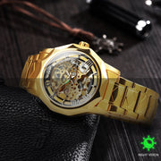 WINNER Luxury Skeleton Mechanical Watch for Men Golden Royal Dodecagon Case Carved Movement Stainless Steel Strap Luminous Hands