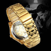 WINNER Luxury Skeleton Mechanical Watch for Men Golden Royal Dodecagon Case Carved Movement Stainless Steel Strap Luminous Hands