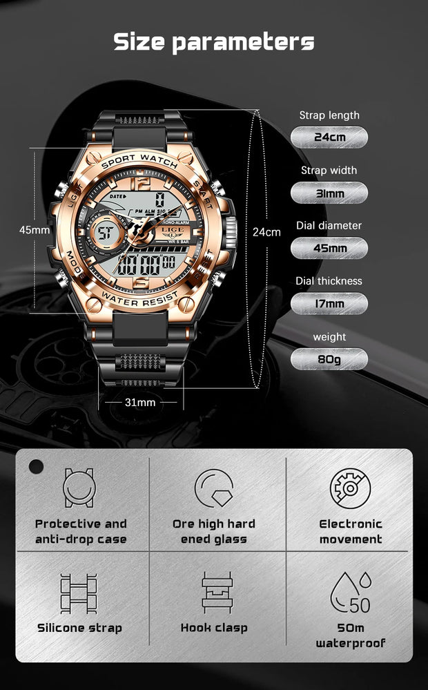 LIGE Digital Men Military Watch 50m Waterproof Wristwatch LED Quartz Clock Sport Watch Male Big Watches Men Relogios Masculino