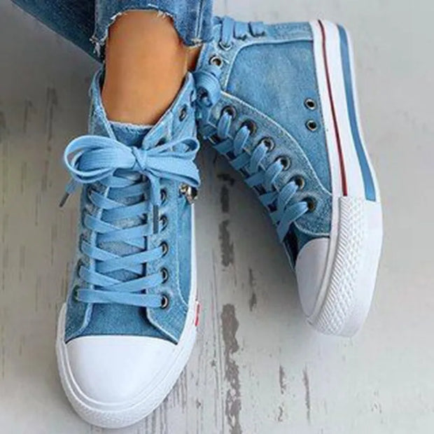 Vulcanize Shoes Women Canvas Chic High Top Denim Leisure Footwear Womens All-match Flat Zipper Walkin Korean Ladies Breathable