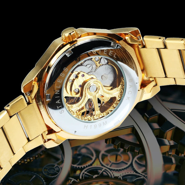 WINNER Luxury Skeleton Mechanical Watch for Men Golden Royal Dodecagon Case Carved Movement Stainless Steel Strap Luminous Hands