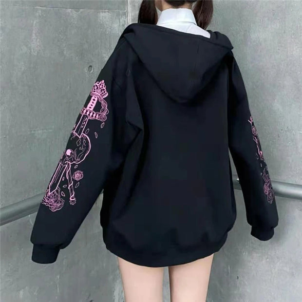 Y2K Gothic Butterfly Print Oversize Zip Up Hoodies 2021 Winter New Grunge Long Sleeve Sweatshirt Casual Hooded Jacket Streetwear