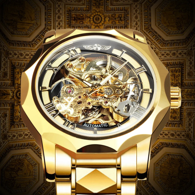 WINNER Luxury Skeleton Mechanical Watch for Men Golden Royal Dodecagon Case Carved Movement Stainless Steel Strap Luminous Hands