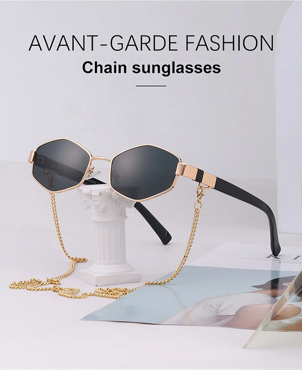 Sexy Small Frame Hexagon Sunglasses Women With Chain 2024 Luxury Brand Designer Punk Sun Glasses For Ladies Shades Gafas De Sol