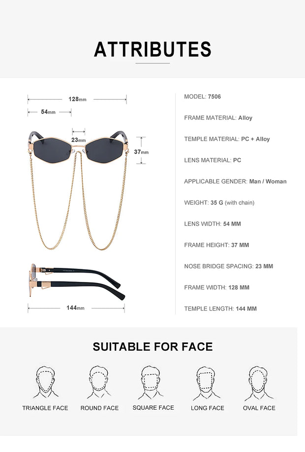 Sexy Small Frame Hexagon Sunglasses Women With Chain 2024 Luxury Brand Designer Punk Sun Glasses For Ladies Shades Gafas De Sol