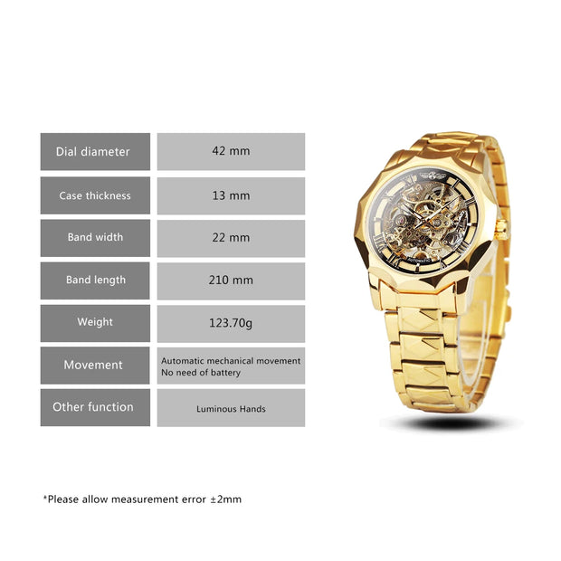 WINNER Luxury Skeleton Mechanical Watch for Men Golden Royal Dodecagon Case Carved Movement Stainless Steel Strap Luminous Hands