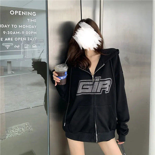 Y2K Gothic Butterfly Print Oversize Zip Up Hoodies 2021 Winter New Grunge Long Sleeve Sweatshirt Casual Hooded Jacket Streetwear