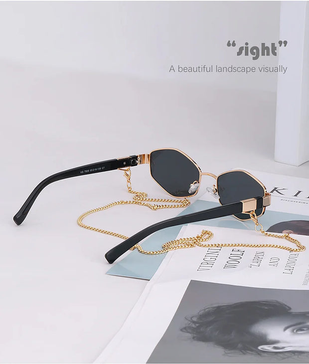 Sexy Small Frame Hexagon Sunglasses Women With Chain 2024 Luxury Brand Designer Punk Sun Glasses For Ladies Shades Gafas De Sol