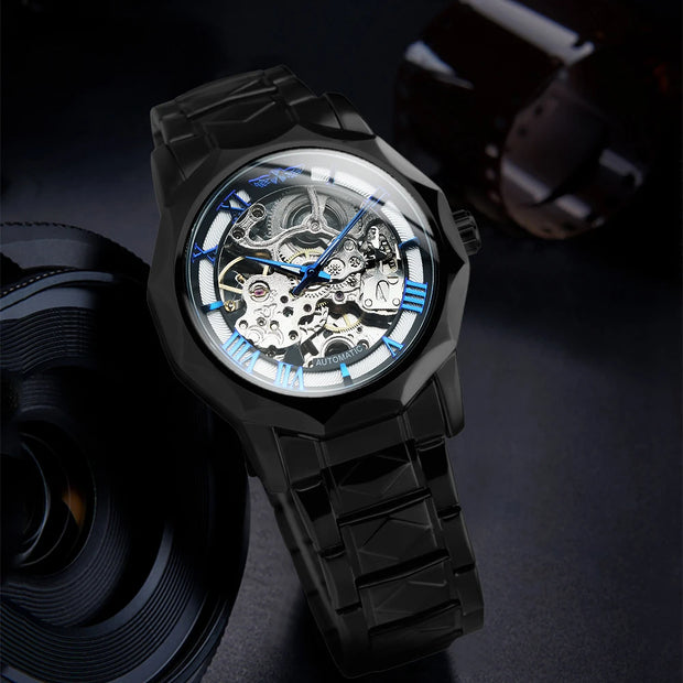 WINNER Luxury Skeleton Mechanical Watch for Men Golden Royal Dodecagon Case Carved Movement Stainless Steel Strap Luminous Hands