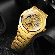 WINNER Luxury Skeleton Mechanical Watch for Men Golden Royal Dodecagon Case Carved Movement Stainless Steel Strap Luminous Hands