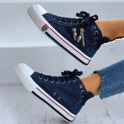 Vulcanize Shoes Women Canvas Chic High Top Denim Leisure Footwear Womens All-match Flat Zipper Walkin Korean Ladies Breathable