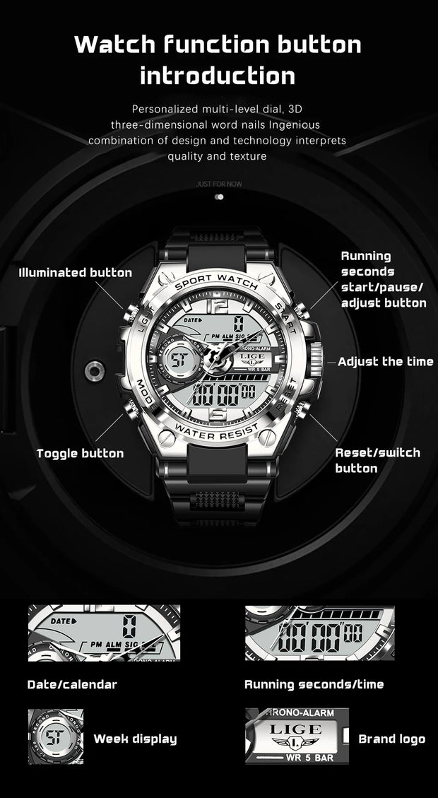 LIGE Digital Men Military Watch 50m Waterproof Wristwatch LED Quartz Clock Sport Watch Male Big Watches Men Relogios Masculino