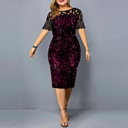 plus size Sequined women clothing 2023 fashion splicing midi dress crew neck short sleeve High waist Skinny Elegant dresses