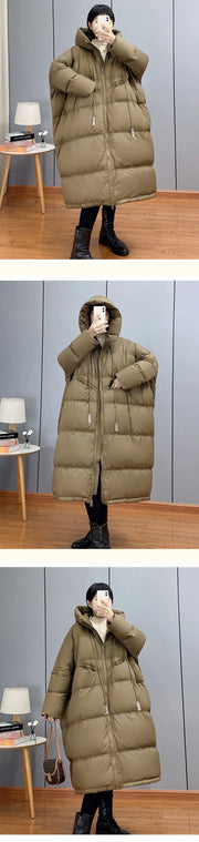 Janveny 2024 New Winter Hooded Drawstring Loose Puffer Jacket Women Solid Casual Silhouette Long 90% White Duck Down Warm Coat