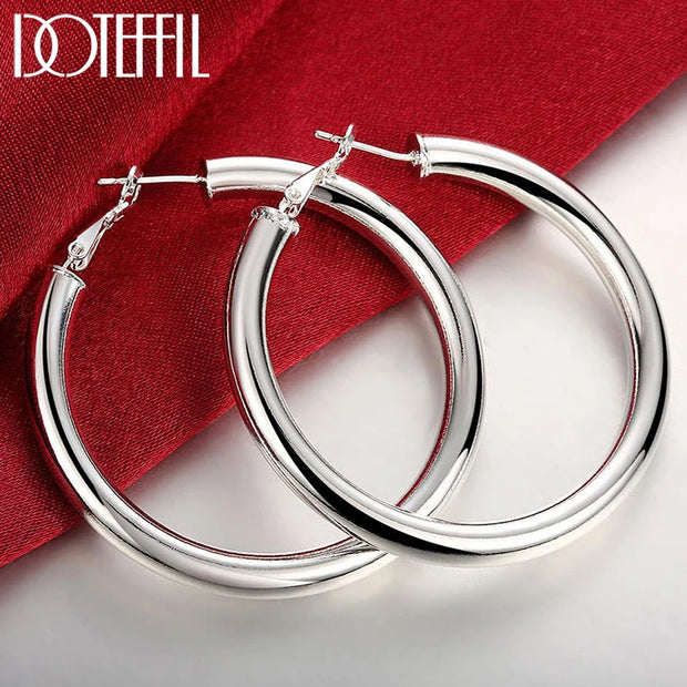 DOTEFFIL 925 Sterling Silver 50mm Round Smooth Big Circle Hoop Earrings For Woman Fashion Party Wedding Jewelry