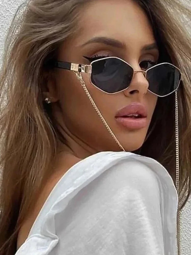 Sexy Small Frame Hexagon Sunglasses Women With Chain 2024 Luxury Brand Designer Punk Sun Glasses For Ladies Shades Gafas De Sol