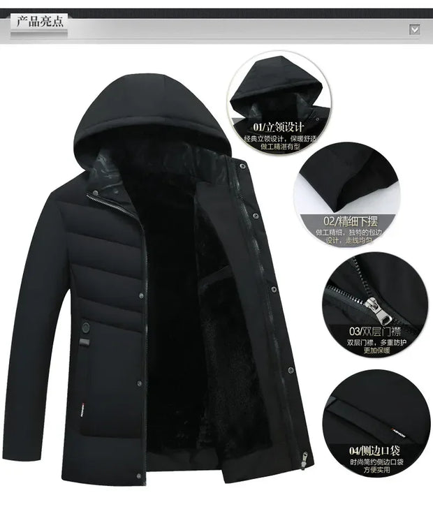 New Fashion Fleece Hooded Winter Coat Men Thick Warm Mens Winter Jacket Windproof Gift For Father Husband Parka Windproof Parkas