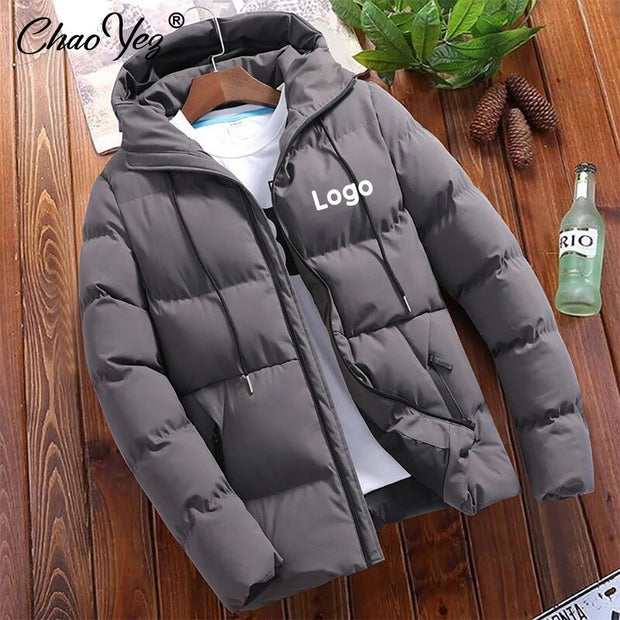 Custom Logo Winter Warm Thick Men Jacket Casual Parkas Hoodie Cotton DIY Zipper Warm Korean Style Fitness Fashion Mens Coat