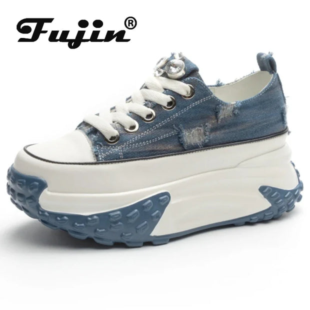 Fujin 6cm Denim Genuine Leather Platform Wedge Shoes Chunky Sneaker Casual Comfy High Brand Rhinestone Spring Bling Autumn Shoes