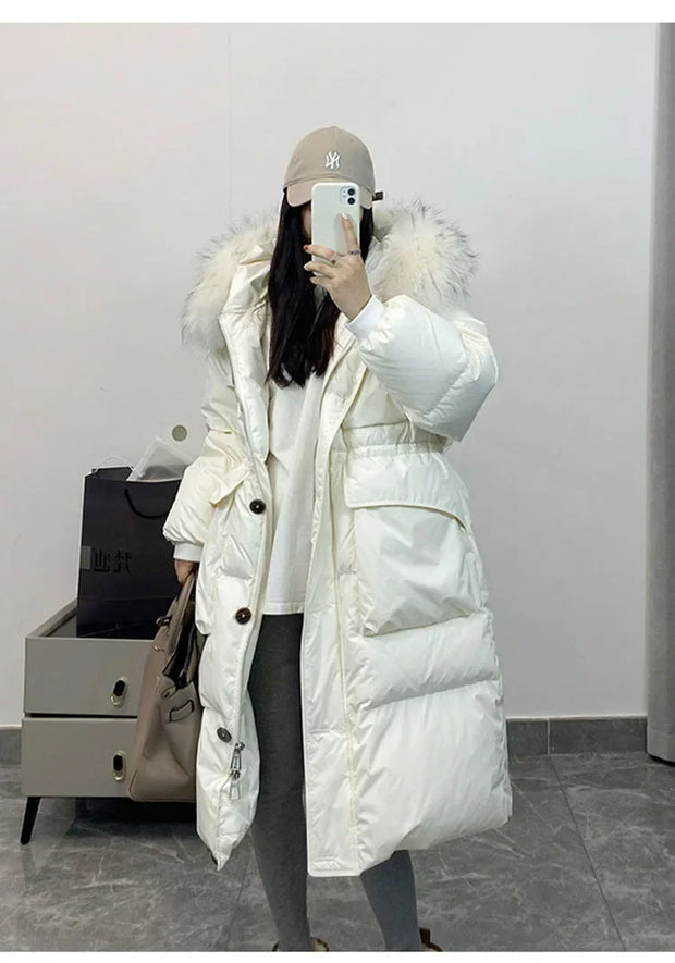 Down Jacket Women Waterproof Winter Long Puffer Jacket 2024 Real Raccoon Fur Hooded Duck Down Coat Female Rain Feather Parkas