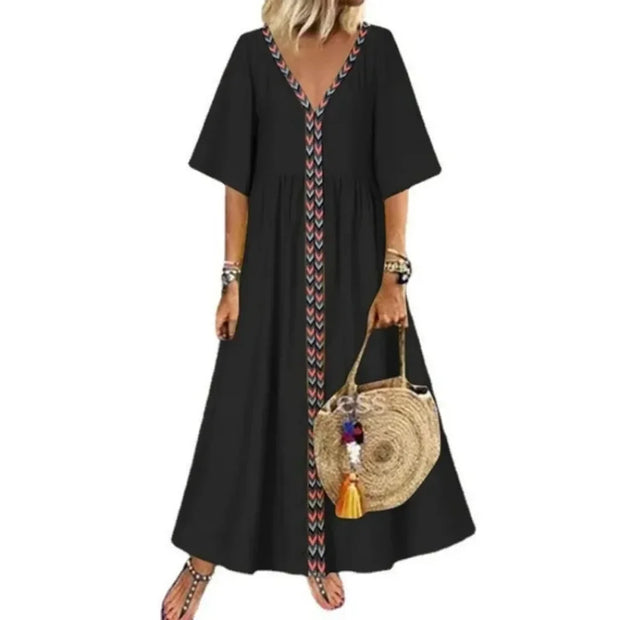 Women's L-5XL Plus Size Summer Commuting Oversized V-neck Short Sleeved Long Dress with Loose and Elegant Line Splicing Casual