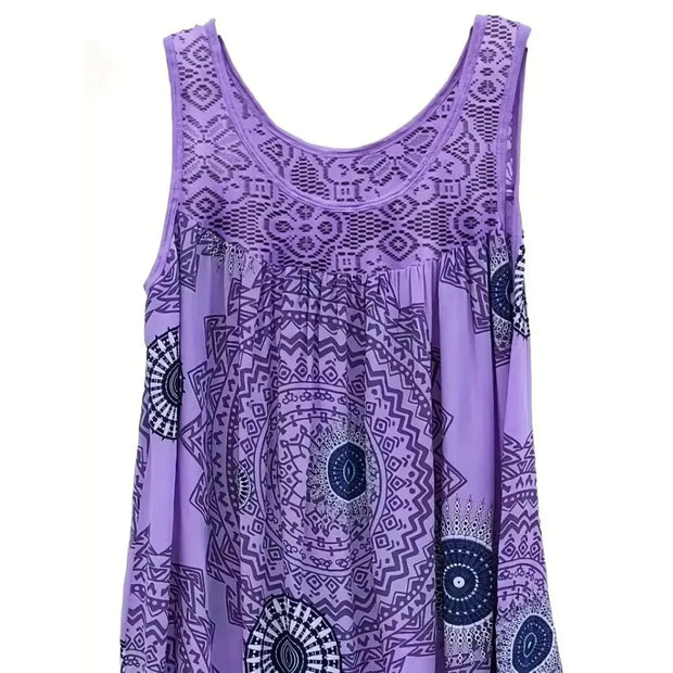 Plus Size 1XL-5XL Women's Sleeveless Dress Lace Panel Printing Sleeveless Large Hem Vest Dress Comfortable dresses in hot demand