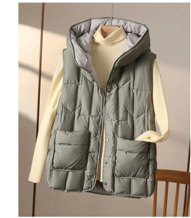 Female 90% White Duck Down Ultra Light Sleeveless Down Vest 2023 New Autumn/Winter Fashion Hooded Basics Women Warm Vest Coat