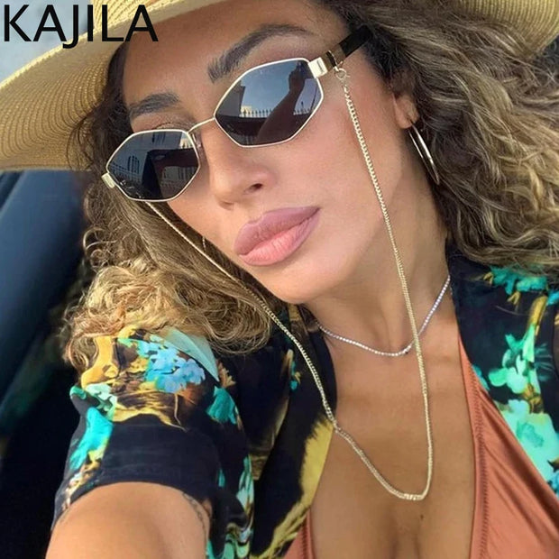 Sexy Small Frame Hexagon Sunglasses Women With Chain 2024 Luxury Brand Designer Punk Sun Glasses For Ladies Shades Gafas De Sol