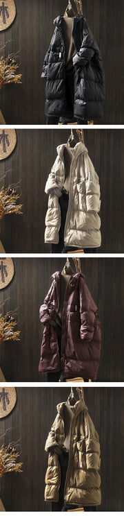 Janveny 2024 New Winter Hooded Drawstring Loose Puffer Jacket Women Solid Casual Silhouette Long 90% White Duck Down Warm Coat