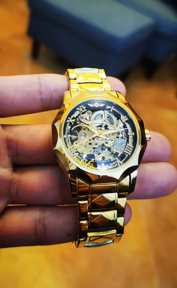 WINNER Luxury Skeleton Mechanical Watch for Men Golden Royal Dodecagon Case Carved Movement Stainless Steel Strap Luminous Hands