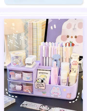 Kawaii Desktop Storage Box Organizer Cute Bear Handle Drawer Type Desk Organizer Multi-grid Pen Holder with Kawaii Stickers