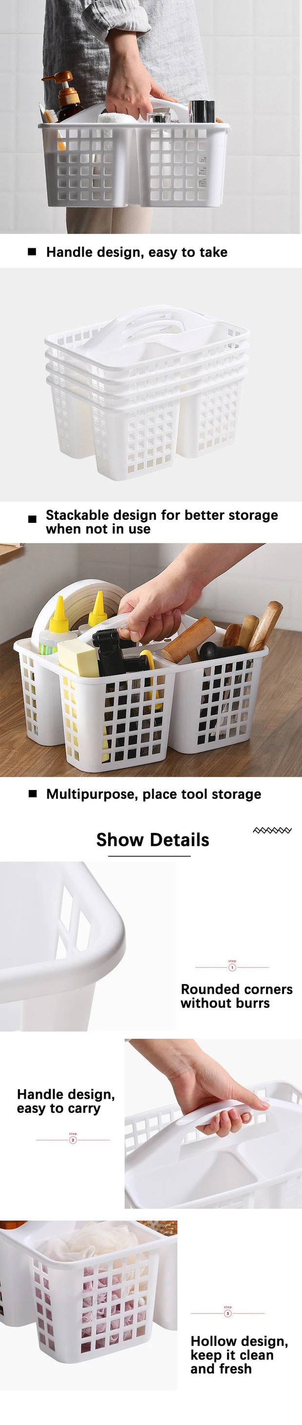 Plastic Shower Caddy Basket with Compartments, Portable Cleaning Supply Storage Organizer with Handle for College Dorm Bathroom