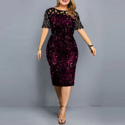 plus size Sequined women clothing 2023 fashion splicing midi dress crew neck short sleeve High waist Skinny Elegant dresses