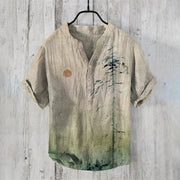 Japanese-style fashion Men's Small V-Neck henley shirt Men's Vintage Japanese Art Magnolia Flower V Neck Casual Shirt