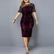 plus size Sequined women clothing 2023 fashion splicing midi dress crew neck short sleeve High waist Skinny Elegant dresses