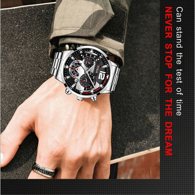 Fashion Mens Sports Watches Luxury Stainless Steel Quartz Wrist Watch Calendar Luminous Clock Men Business Casual часы мужские