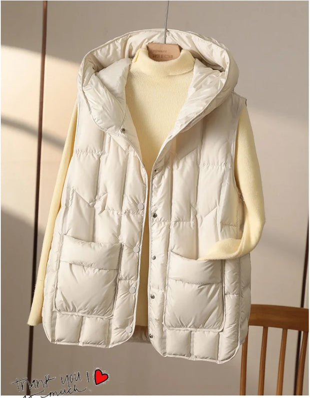 Female 90% White Duck Down Ultra Light Sleeveless Down Vest 2023 New Autumn/Winter Fashion Hooded Basics Women Warm Vest Coat