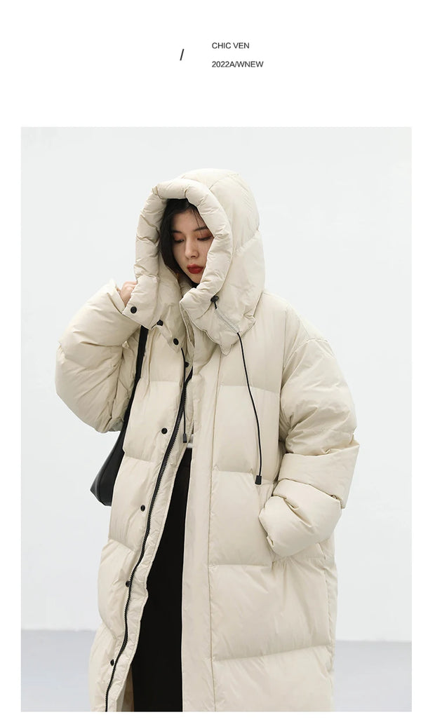 CHIC VEN Women's Down Coats Korean Loose Hooded Thick Warm Long Down Jacket Winter Coat for Women Female Parkas Outerwears 2023