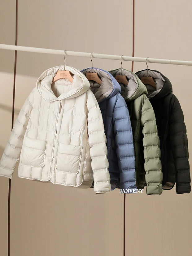 JANVENY 2024 New Winter Hooded Light Puffer Jacket Women Solid Color Versatile Portable Parka 90 White Duck Down Short Warm Coat