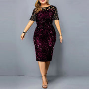 plus size Sequined women clothing 2023 fashion splicing midi dress crew neck short sleeve High waist Skinny Elegant dresses