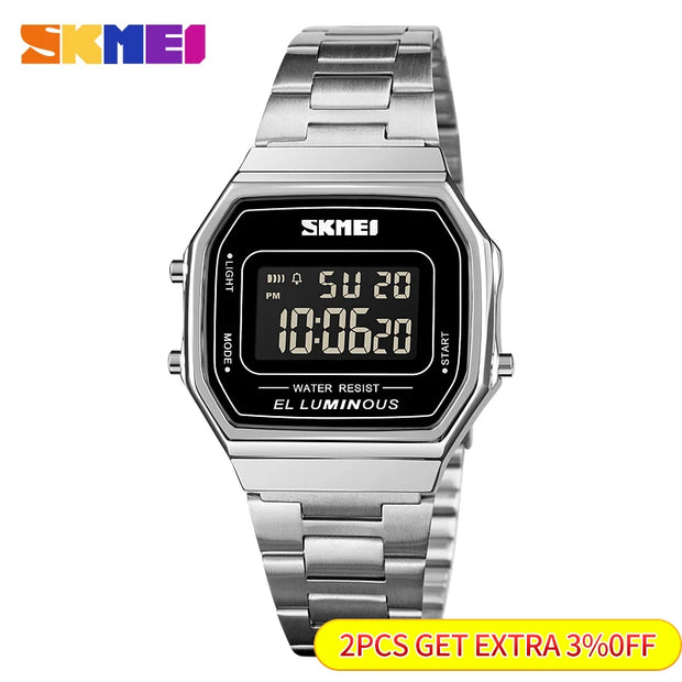 SKMEI Retro LED Digital Male Watches Casual Simple Mens Wristwatches Stainless Steel Band Waterproof Watch Men reloj hombre 1647