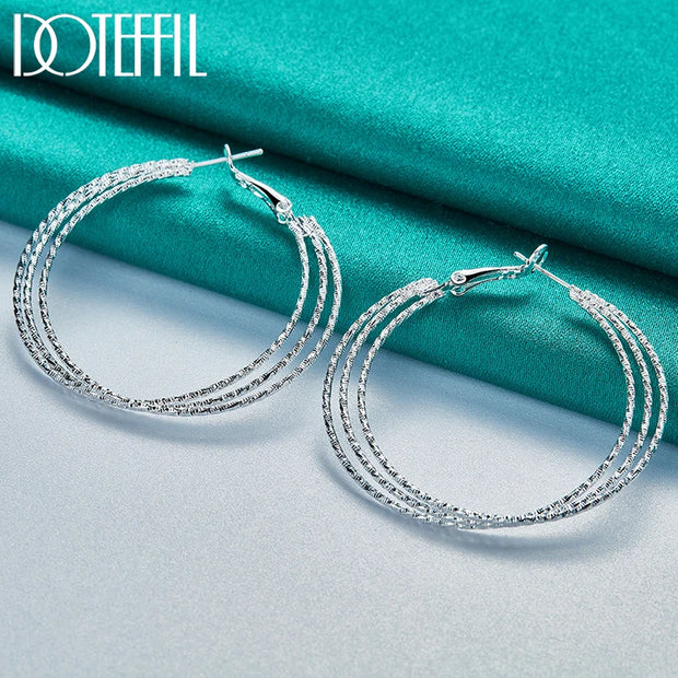 DOTEFFIL 925 Sterling Silver Round Three Circle 50mm Hoop Earrings For Woman Wedding Engagement Party Fashion Charm Jewelry