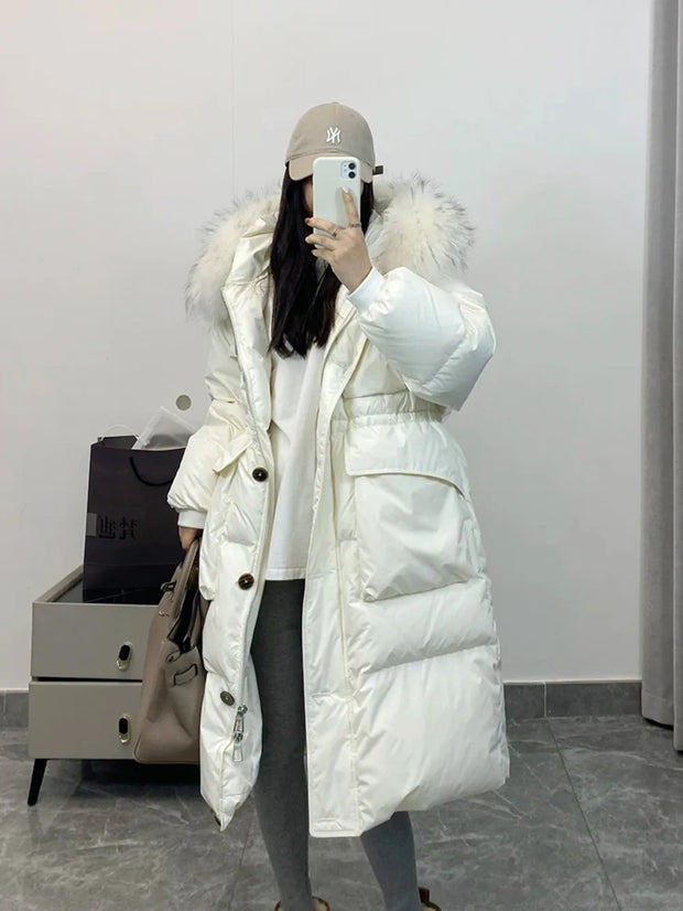 Down Jacket Women Waterproof Winter Long Puffer Jacket 2024 Real Raccoon Fur Hooded Duck Down Coat Female Rain Feather Parkas