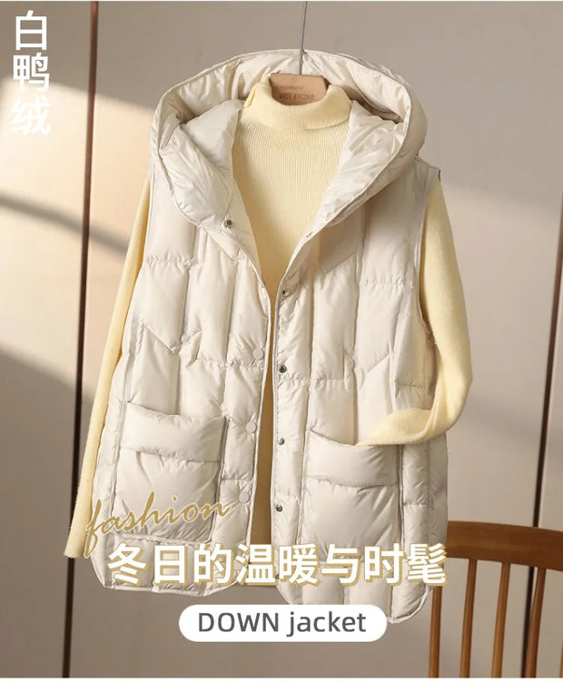 Female 90% White Duck Down Ultra Light Sleeveless Down Vest 2023 New Autumn/Winter Fashion Hooded Basics Women Warm Vest Coat