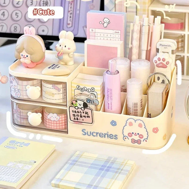 Kawaii Desktop Storage Box Organizer Cute Bear Handle Drawer Type Desk Organizer Multi-grid Pen Holder with Kawaii Stickers