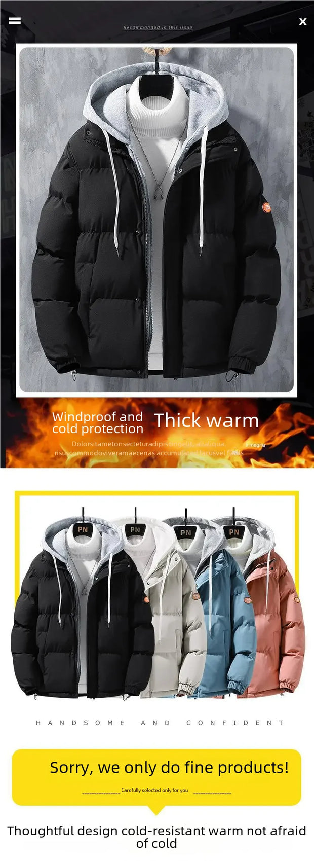 Winter Loose-fit Thickened Warm Cotton Coat Hood For Men Trendy Student Puffer Jacket Two-piece Illusion