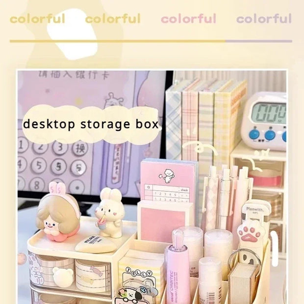 Kawaii Desktop Storage Box Organizer Cute Bear Handle Drawer Type Desk Organizer Multi-grid Pen Holder with Kawaii Stickers