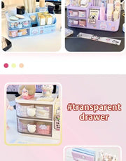 Kawaii Desktop Storage Box Organizer Cute Bear Handle Drawer Type Desk Organizer Multi-grid Pen Holder with Kawaii Stickers