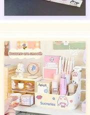 Kawaii Desktop Storage Box Organizer Cute Bear Handle Drawer Type Desk Organizer Multi-grid Pen Holder with Kawaii Stickers