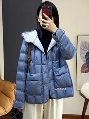 JANVENY 2024 New Winter Hooded Light Puffer Jacket Women Solid Color Versatile Portable Parka 90 White Duck Down Short Warm Coat